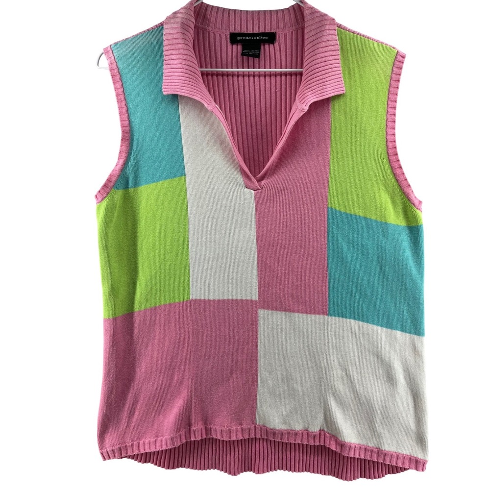 Goodclothes Colorblock Patchwork Knit Sweater Vest Pink Green Blue Cotton V-Neck